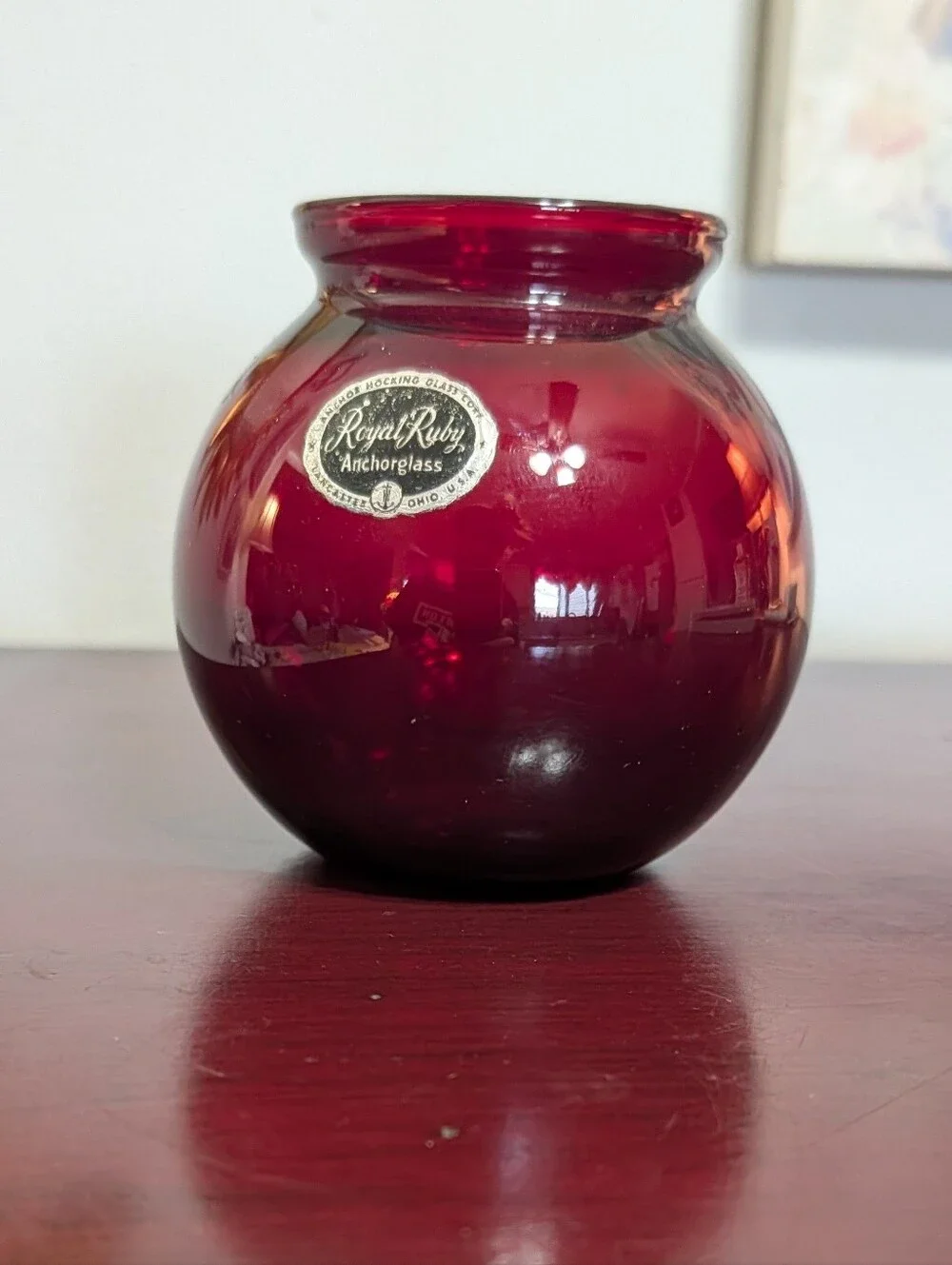 Vintage Mid Century MCM Royal Ruby Red Glass Ball Vase Anchor Hocking Sticker